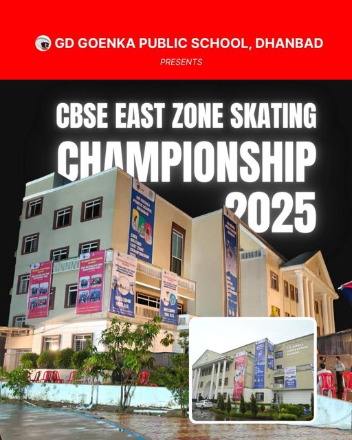 Poster of the CBSE East Zone Skating Championship 2025 over the school building decorated with banners