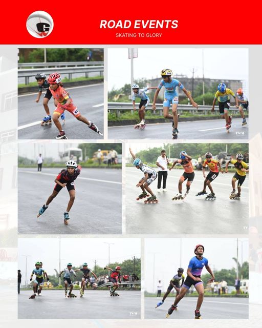 Collage of six photos of skaters racing on the road