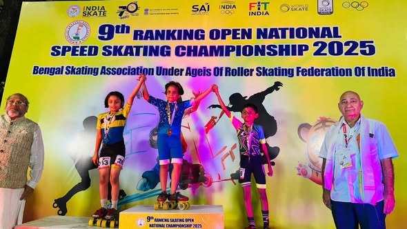 Podium at the 9th Ranking Open National Speed Skating Championship 2025 in Kolkata, with three young skaters and two officials